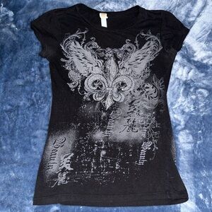 Black Short Sleeve Graphic Tee with Fleur-de-Lis Detail